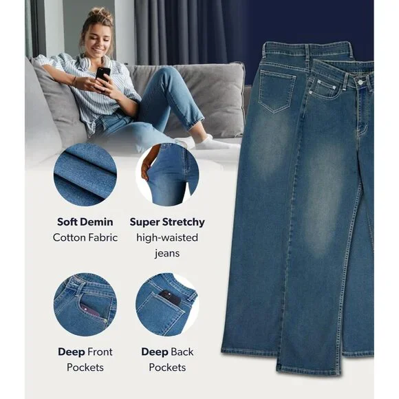 High-Waist Wide-Leg Jeans Premium Denim Straight Fit Petite Plus Sizes - Picture 7 of 8